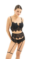 set lenjerie dantelă eyelash neagră, bralette dantelă eyelash negru, set lenjerie cu jartieră dantelă, lenjerie harness coapse negru, set lenjerie 3 piese dantelă neagră, centură jartieră dantelă eyelash, lenjerie avangardistă neagră, set lenjerie premium ocazii speciale, cadou lenjerie dantelă lux, bralette jartieră harness set negru