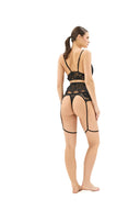 set lenjerie dantelă eyelash neagră, bralette dantelă eyelash negru, set lenjerie cu jartieră dantelă, lenjerie harness coapse negru, set lenjerie 3 piese dantelă neagră, centură jartieră dantelă eyelash, lenjerie avangardistă neagră, set lenjerie premium ocazii speciale, cadou lenjerie dantelă lux, bralette jartieră harness set negru